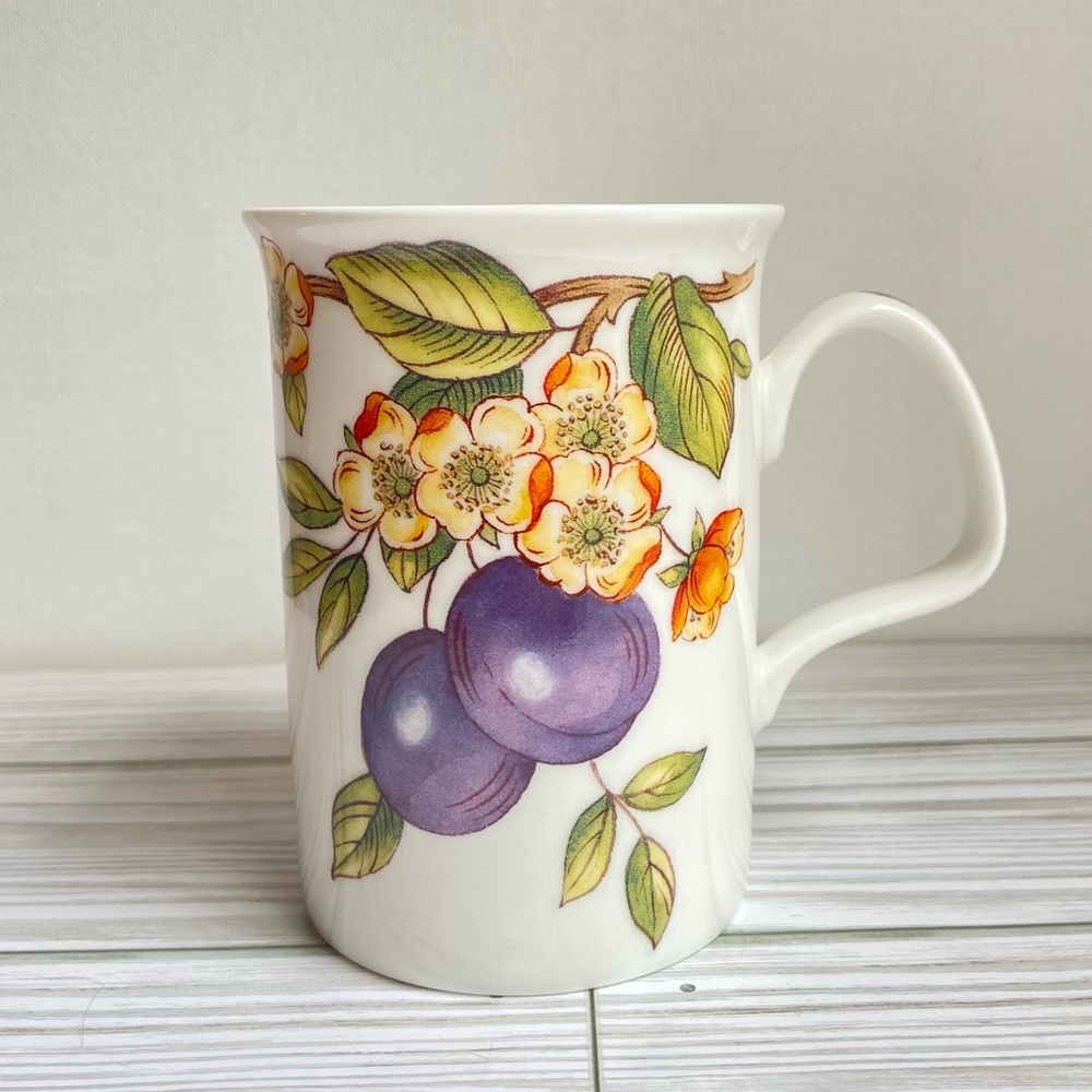 Roy Kirkham Blossom Time fine bone china flowers and plums mug made in England